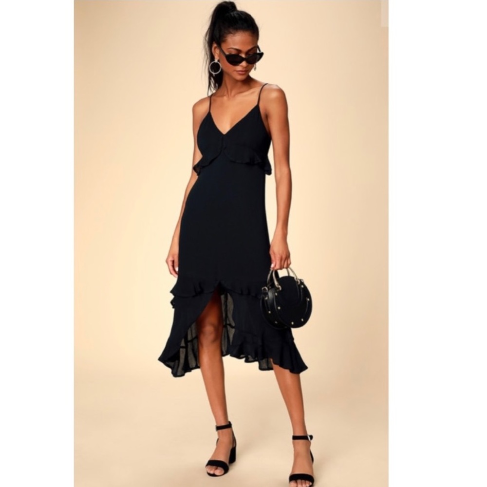 Lulu’s Island Time Black Ruffled Midi Dress